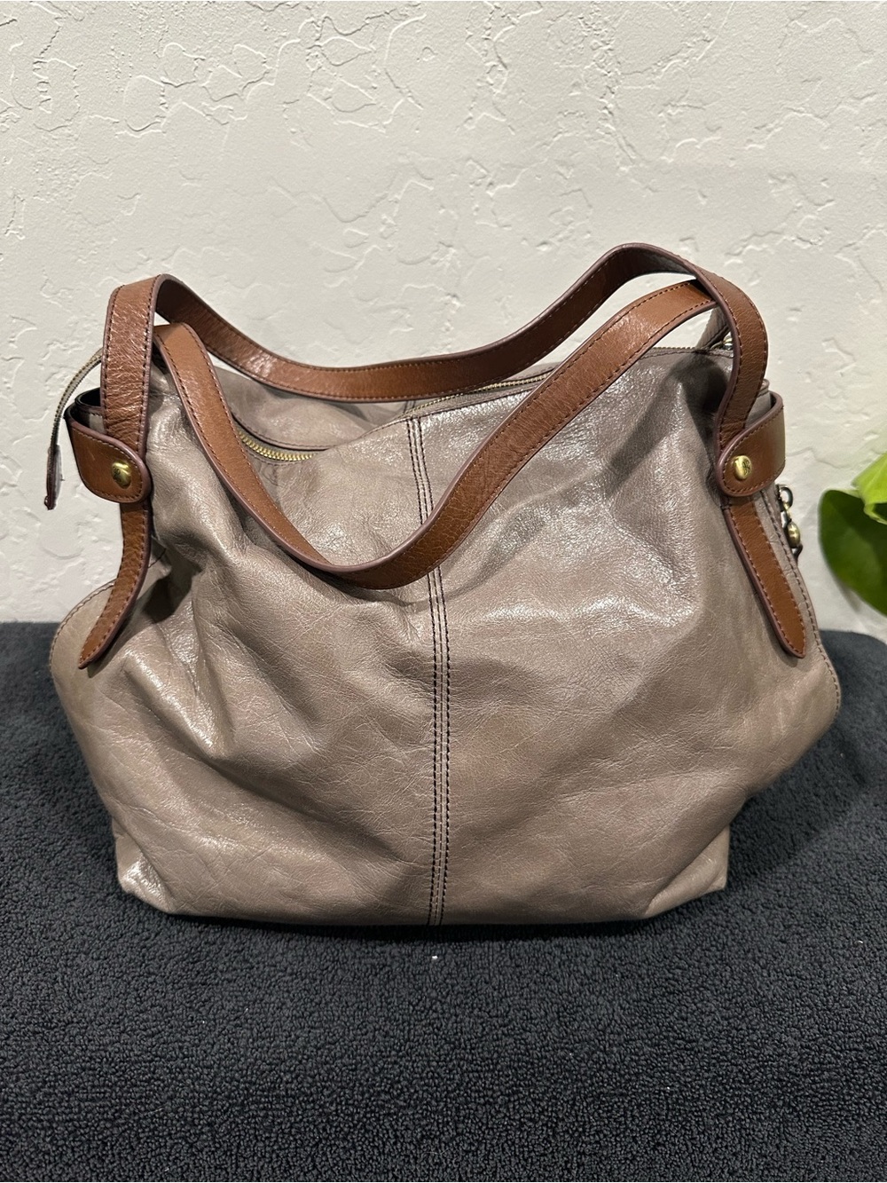 Taupe Leather HOBO shoulder Bag with Brown Straps